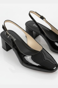 ELVYN Women's Black Patent Leather Slingback Pumps – Comfortable Square Toe Block Heel Formal Dress Shoes