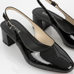 ELVYN Women's Black Patent Leather Slingback Pumps – Comfortable Square Toe Block Heel Formal Dress Shoes