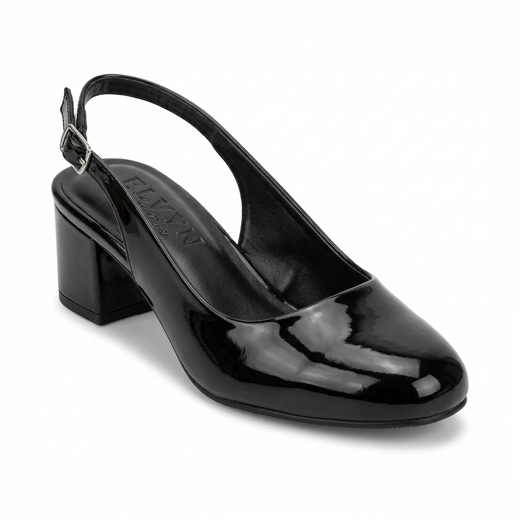 ELVYN Poise Collection | Elegant Patent Black Slingback Block Heels - Image 4