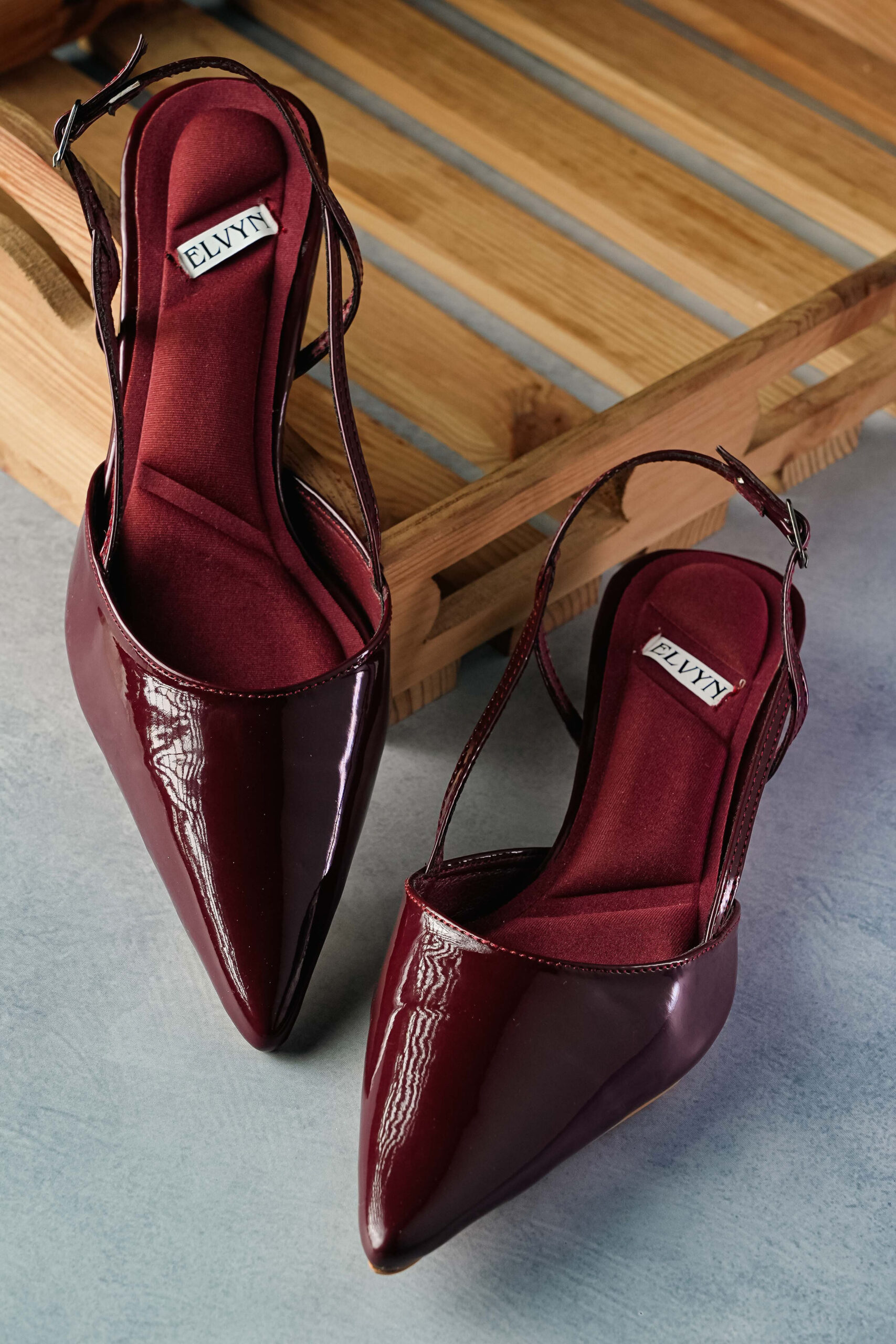ELVYN ALLURE Collection Wine Women's Pointed Toe Slingback Flats, Patent Leather, Kitten Heel
