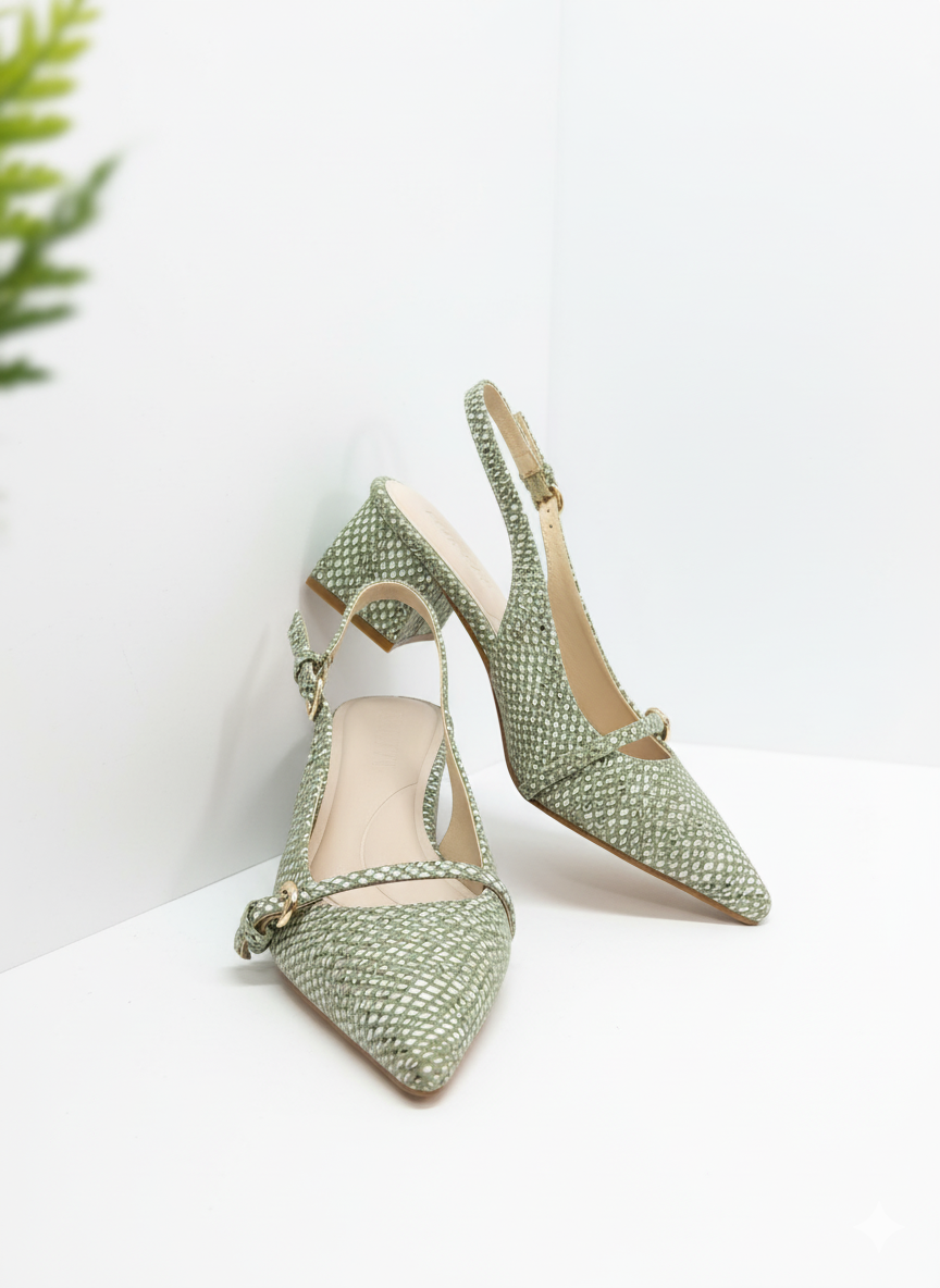 ELVYN Luxe Collection | Elegant Textured Sage Green Slingback Heels