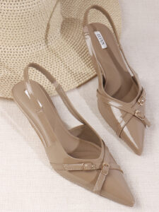 ELVYN Kriss Collection| Elegant Patent Pointed-Toe Latte Slingback Kitten Heels