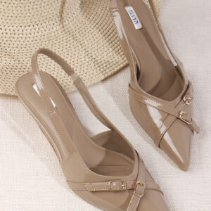 ELVYN Kriss Collection| Elegant Patent Pointed-Toe Latte Slingback Kitten Heels