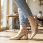 ELVYN Selene Collection Gold Women's Pointed-Toe Slingback Block Heels