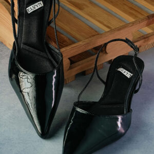 ELVYN ALLURE COLLECTION Black Women's Pointed Toe Slingback Flats, Patent Leather, Kitten Heel