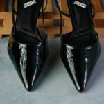 ELVYN ALLURE COLLECTION Black Women's Pointed Toe Slingback Flats, Patent Leather, Kitten Heel
