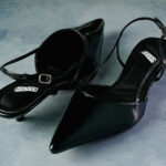 ELVYN ALLURE COLLECTION Black Women's Pointed Toe Slingback Flats, Patent Leather, Kitten Heel