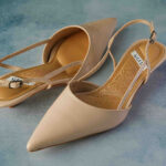 ELVYN ALLURE Collection Beige Women's Pointed Toe Slingback Flats, Patent Leather, Kitten Heel
