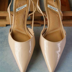 ELVYN ALLURE Collection Beige Women's Pointed Toe Slingback Flats, Patent Leather, Kitten Heel