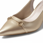 ELVYN Selene Collection Gold Women's Pointed-Toe Slingback Block Heels