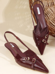 ELVYN Kriss Collection| Elegant Patent Pointed-Toe Wine Slingback Kitten Heels