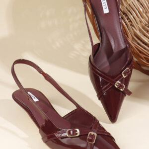 ELVYN Kriss Collection| Elegant Patent Pointed-Toe Wine Slingback Kitten Heels