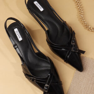 ELVYN Kriss Collection| Elegant Patent Pointed-Toe Black Slingback Kitten Heels
