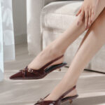 ELVYN Kriss Collection| Elegant Patent Pointed-Toe Wine Slingback Kitten Heels