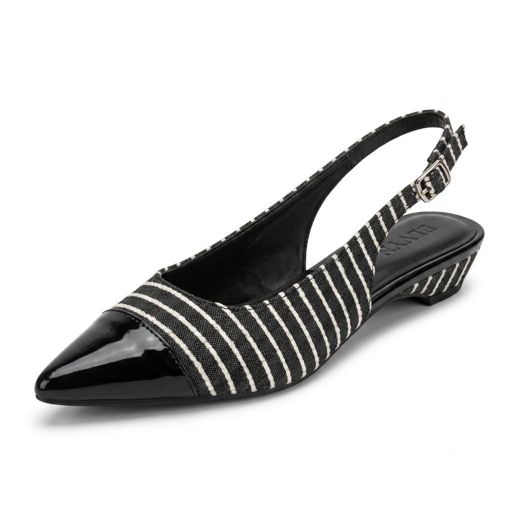 ELVYN | Premium Denim Collection Timeless Pointed-Toe Black Stripes Slingback Flats