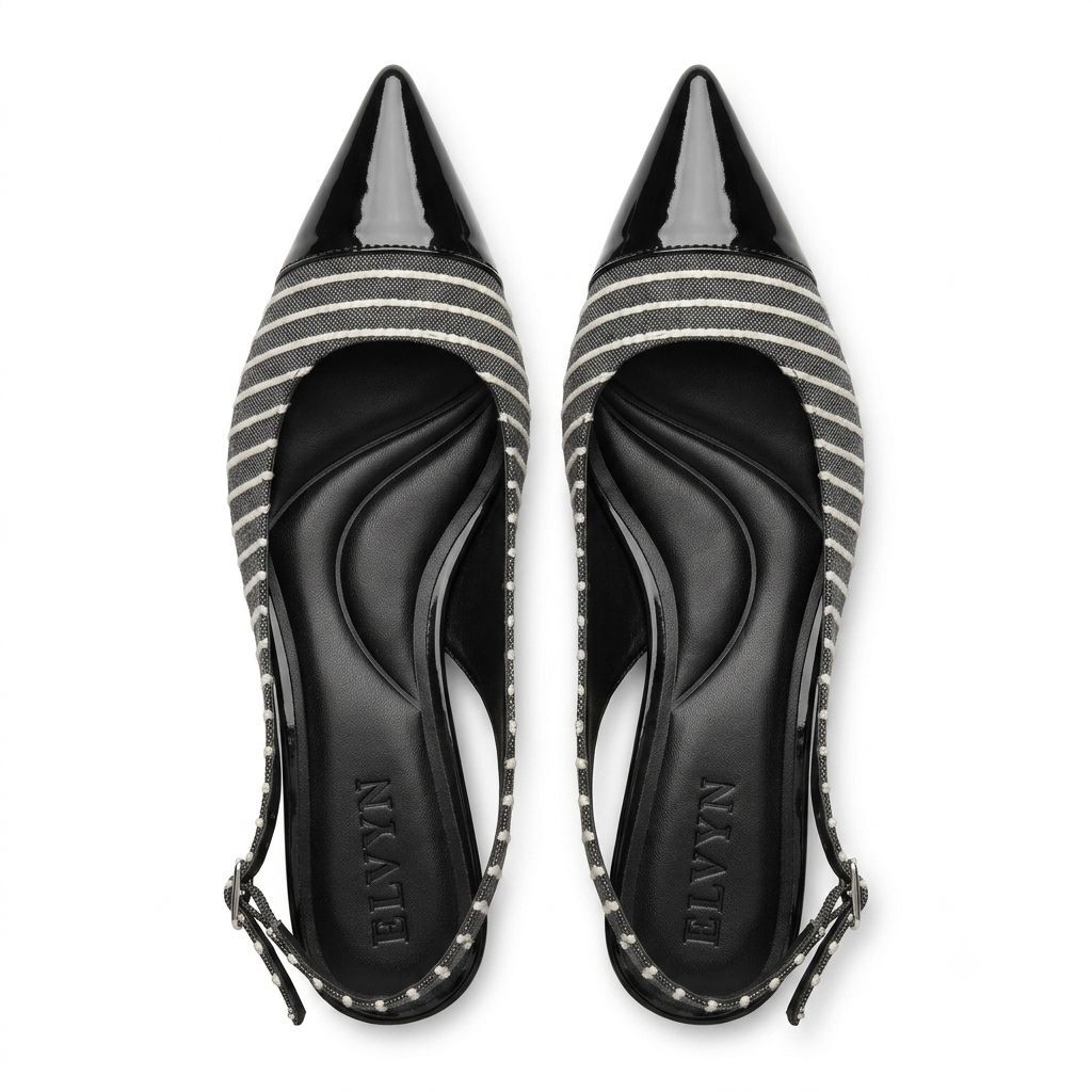 ELVYN | Premium Denim Collection Timeless Pointed-Toe Black Stripes Slingback Flats - Image 4