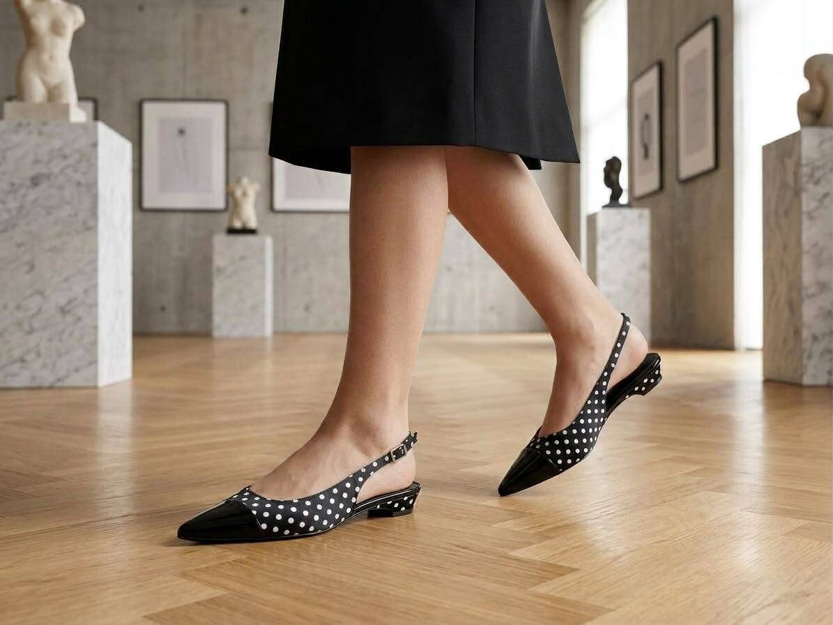 ELVYN | Premium Polka Dot Collection Timeless Pointed-Toe Black Slingback Flats